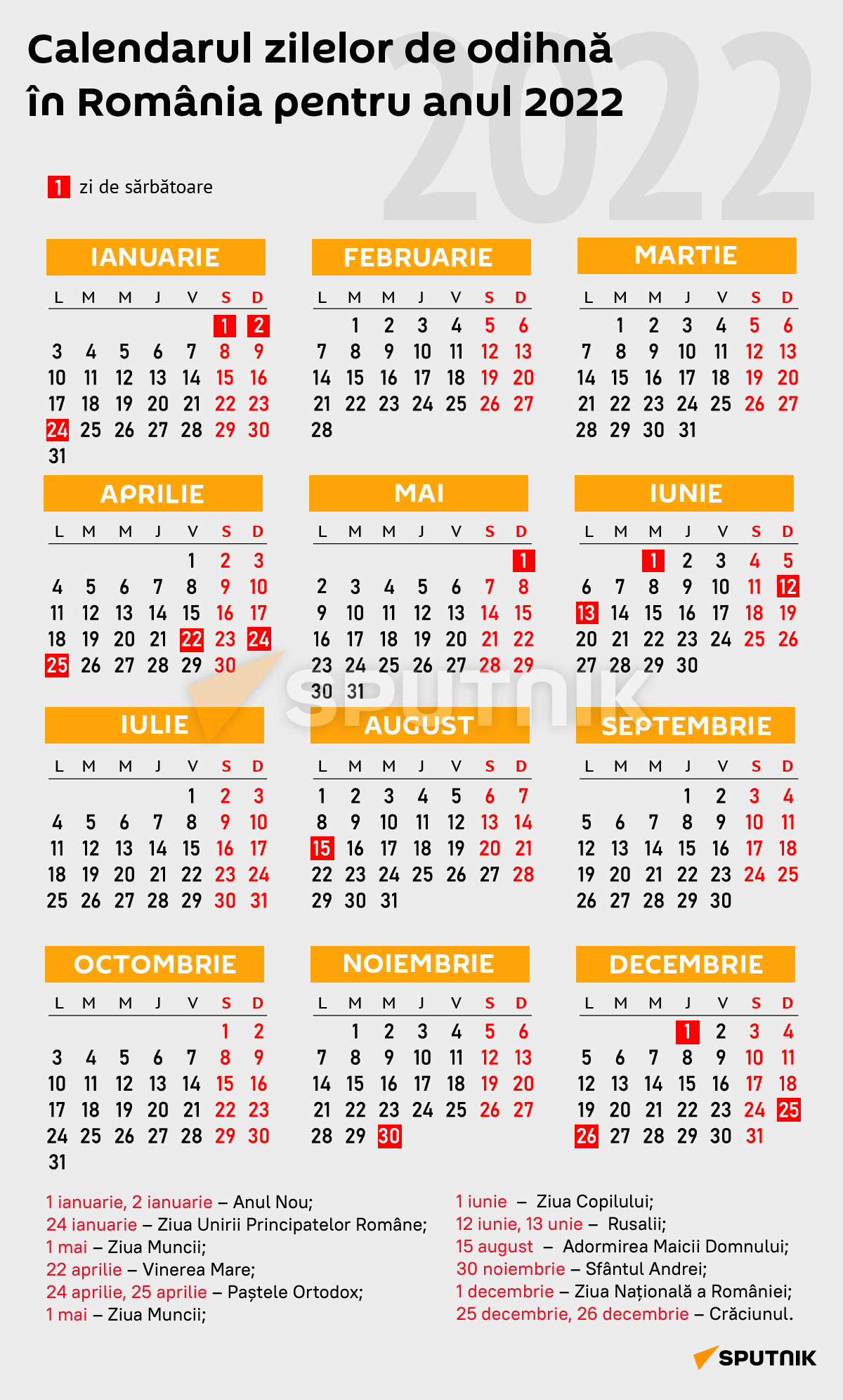 Calendarul zilelor de odihnă în România pentru anul 2022 - Sputnik Moldova-România