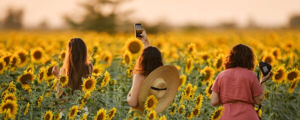 Девушки во время цветения подсолнечника на поле в Симферопольском районе - Sputnik Moldova