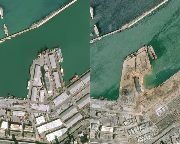 Вид со спутника порта в Бейруте до и после взрыва - Sputnik Moldova-România