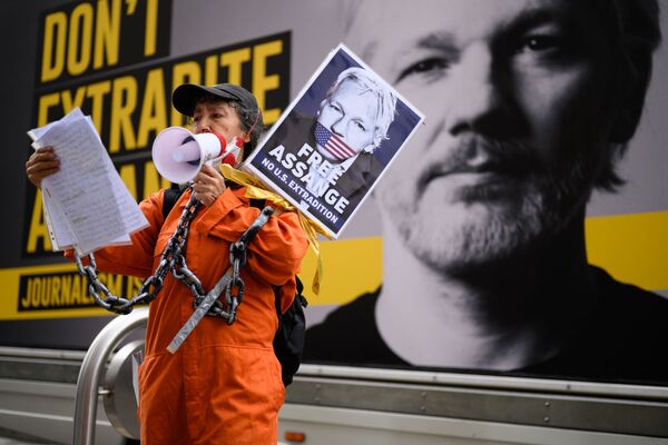 Сторонница Джулиана Ассанжа на митинге против его экстрадиции в Лондоне, Великобритания - Sputnik Молдова