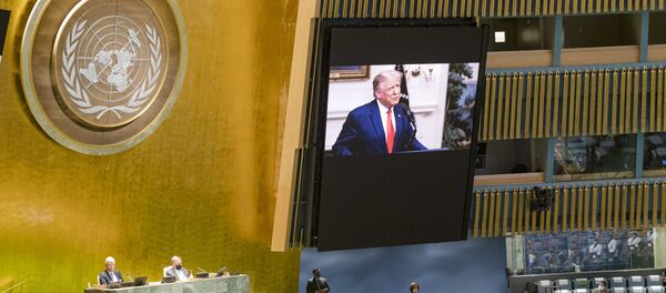 Фрагмент трансляции выступления президента США Дональда Трампа с видеообращением на 75-й сессии Генассамблеи ООН - Sputnik Молдова
