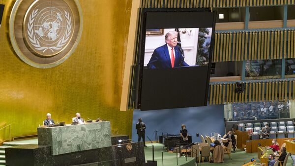 Фрагмент трансляции выступления президента США Дональда Трампа с видеообращением на 75-й сессии Генассамблеи ООН - Sputnik Молдова