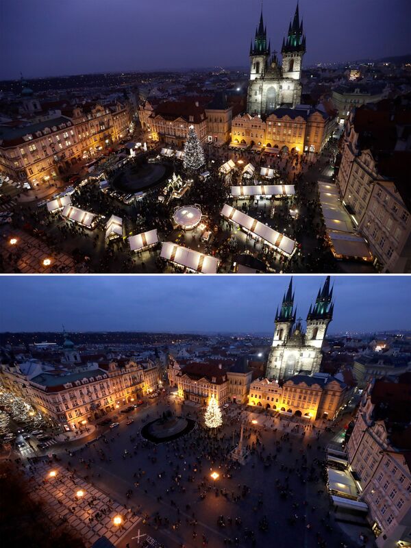 Комбо-фото рождественской ярмарки на Староместской площади в Праге в 2019 и 2020 годах - Sputnik Moldova-România