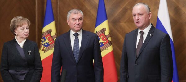 Председатель Государственной Думы Вячеслав Володин, председатель парламента Республики Молдова Зинаида Гречаный и экс-президент Республики Молдова Игорь Додон - Sputnik Молдова