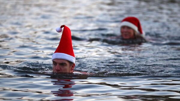 Люди в рождественских колпаках плавают в озере Серпентин в Гайд-парке в Лондоне - Sputnik Молдова