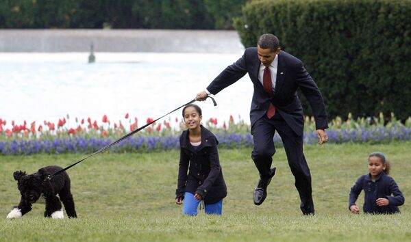 Президент США Барак Обама с детьми и своей собакой Бо в Белом доме, 2009 год - Sputnik Moldova-România