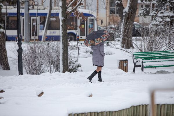 Самый полезный аксессуар кишиневских модниц в эти дни – зонтик, который защищает и прическу от сильного ветра и макияж от мокрого снега - Sputnik Молдова