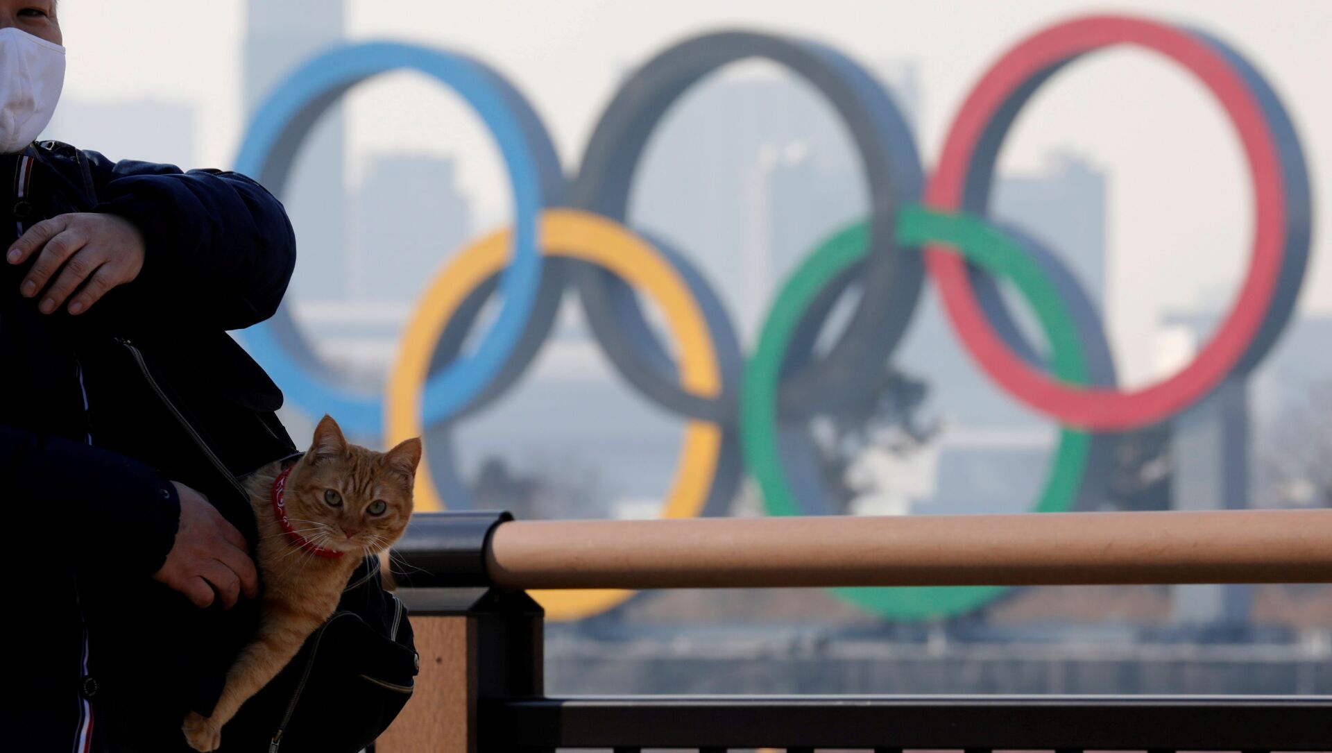 Мужчина с котом в сумке на фоне олимпийских колец в Токио - Sputnik Молдова, 1920, 19.02.2021