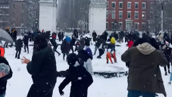 USA: Massive snow fight breaks out in NYCs Washington Square Park - Sputnik Moldova