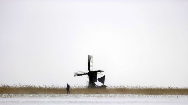 Moară de vânt acoperită de zăpadă în Heiloo, Olanda. - Sputnik Moldova-România
