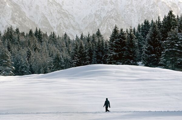 Un bărbat se plimbă prin zăpadă lângă satul bavarez Kaltenbrunn, sudul Germaniei. - Sputnik Moldova
