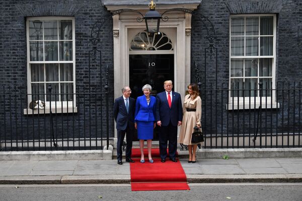 Кот Ларри, Тереза Мэй с супругом и чета Трампов у входа в резиденцию британских премьеров на Даунинг-стрит, 10 в Лондоне, Великобритания - Sputnik Молдова