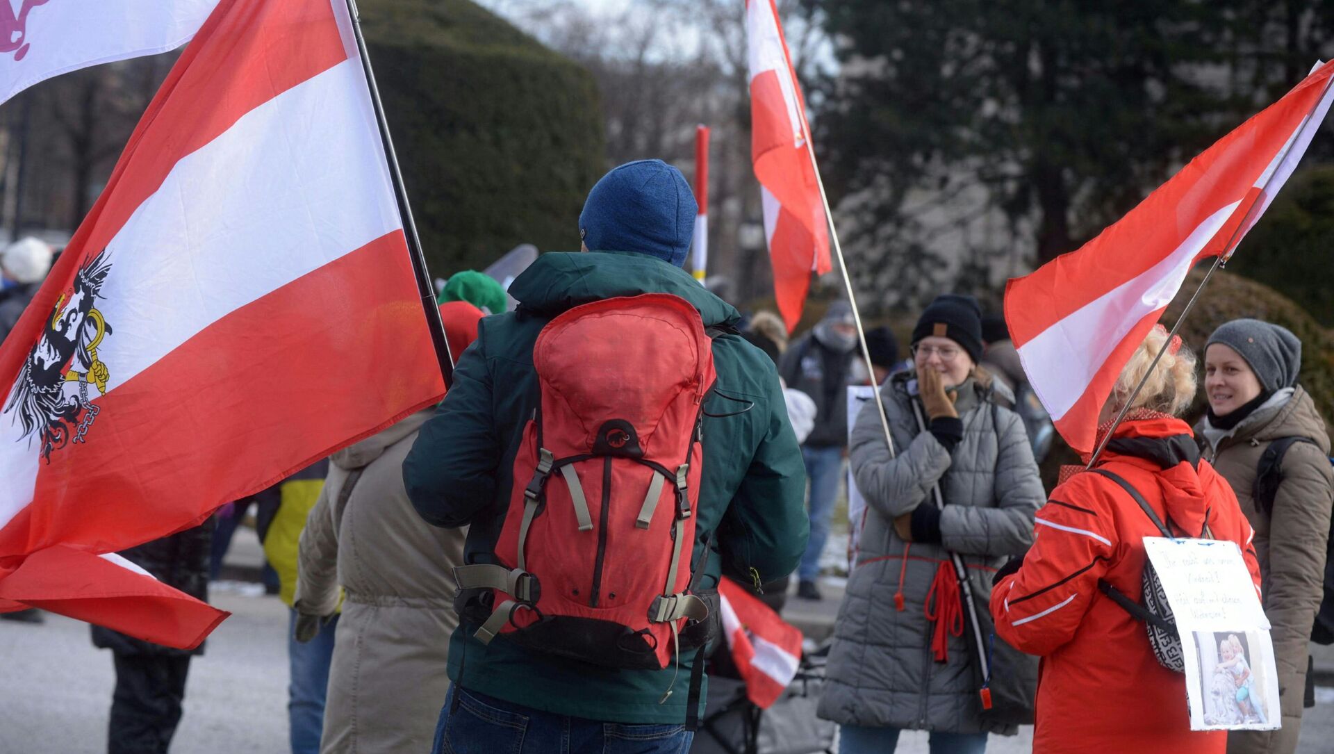 Demonstrators wave Austrian flags as they protest against the restrictions and measures taken by the Austrian government to fight the novel coronavirus, on 13 February 2021 in Vienna, amid the novel coronavirus / COVID-19 pandemic. - Sputnik Moldova-România, 1920, 06.03.2021