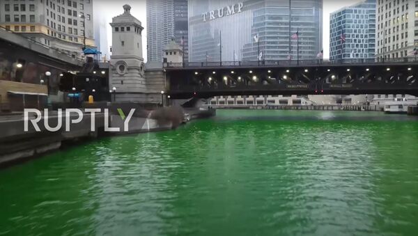Дрон снимает окрашенную в зеленый цвет реку Чикаго для Св. День Святого Патрика - Sputnik Moldova-România