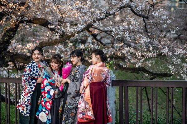 Девушки в традиционной для выпускных церемоний в университете одежде, позируют под цветущей сакурой в парке Китаномару в Токио, Япония - Sputnik Молдова