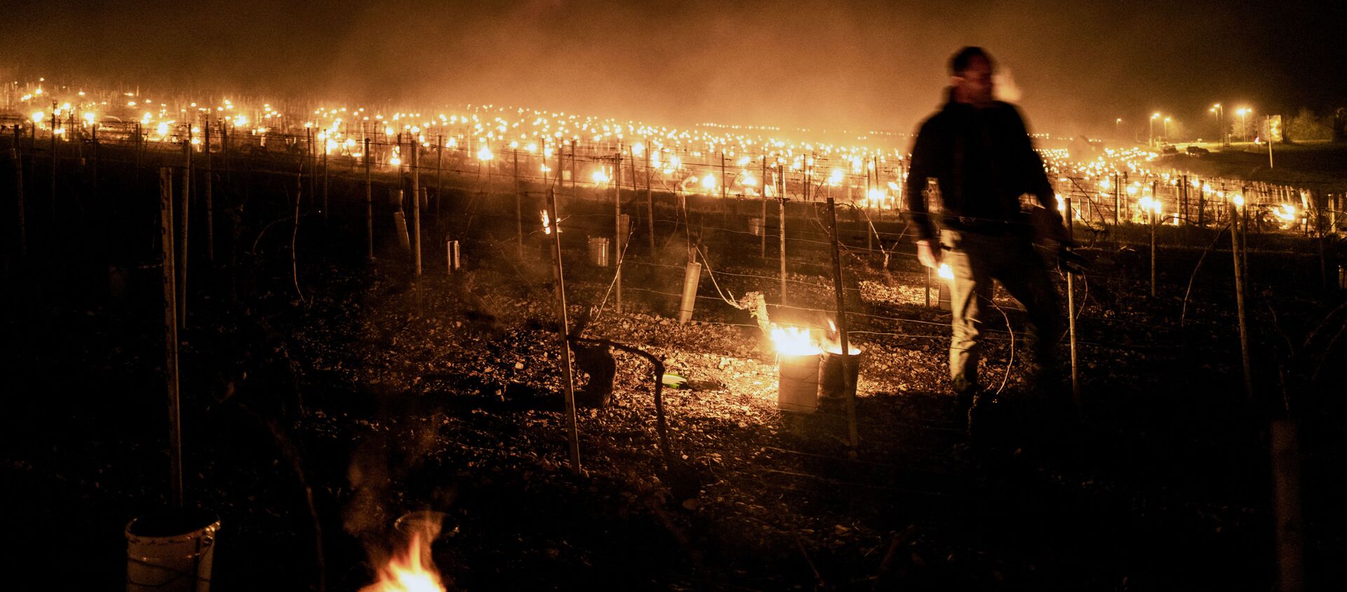Виноделы зажигают противообледенительные свечи на виноградниках Шабли недалеко от Шабли, Бургундия - Sputnik Молдова, 1920, 14.04.2021