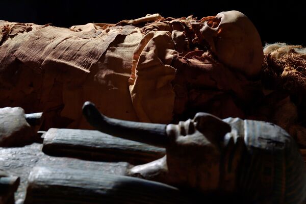 Мумия рядом с саркофагом в археологическом музее Бергамо, Италия. - Sputnik Молдова
