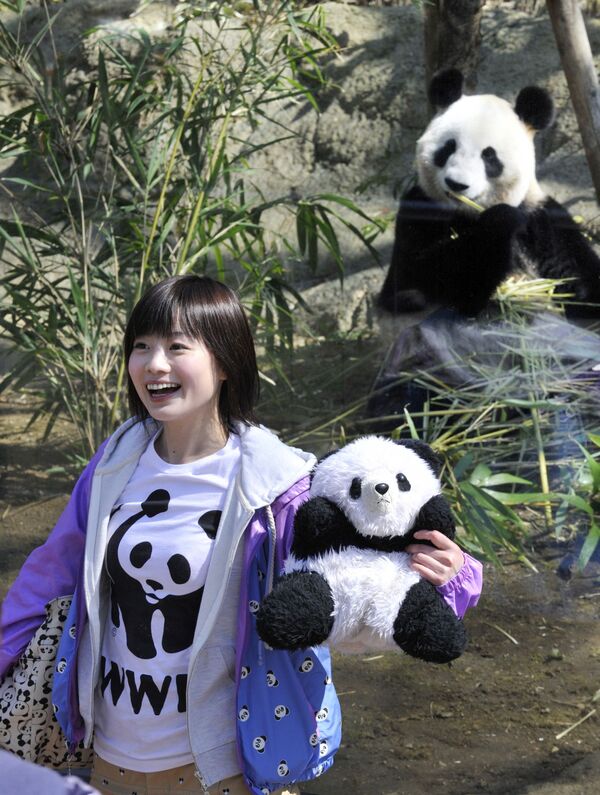 Девочка с игрушкой возле панды Синсин в зоопарке в Токио. - Sputnik Молдова