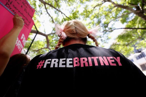Человек протестует в поддержку поп-звезды Бритни Спирс в день слушания дела об опеке над зданием суда Стэнли Моск в Лос-Анджелесе, Калифорния - Sputnik Молдова