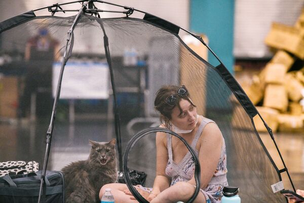 Женщина с кошкой отдыхают в прохладном помещении конференц-центра в Орегоне, США - Sputnik Молдова