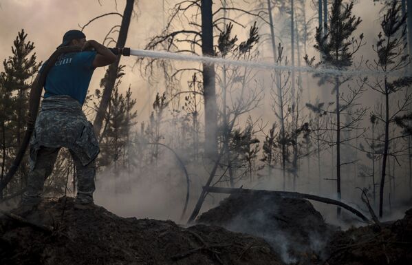 Angajații Ministerului pentru Situații Excepționale al Federației Ruse, la stingerea unui incendiu de pădure în Iakutia. - Sputnik Moldova-România