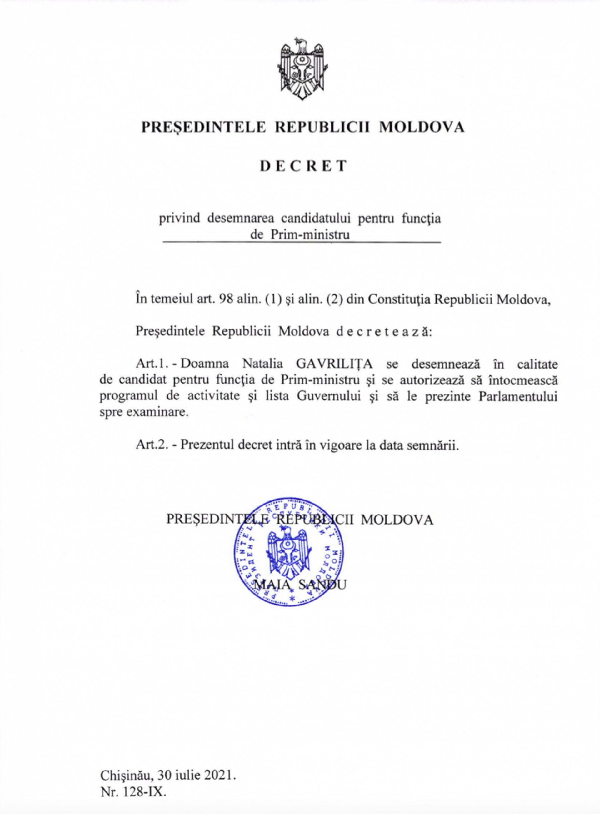 Maia Sandu a semnat decretul de înaintare a Nataliei Gavrilița la funcția de premier - Sputnik Moldova, 1920, 30.07.2021