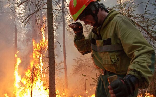 Сотрудник &quot;Авиалесоохраны&quot; во время тушения лесного пожара в Якутии. - Sputnik Молдова