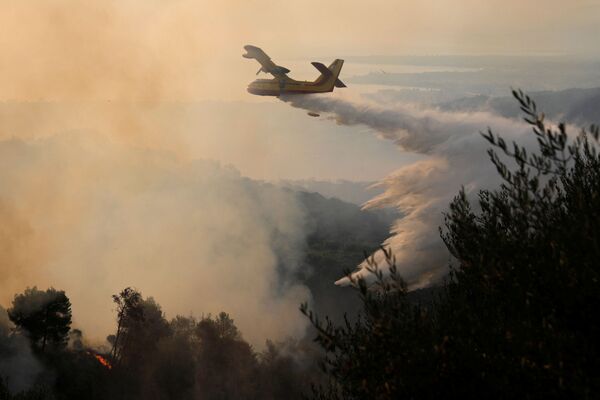 Пожарный самолет сбрасывает воду на горящий лесной массив возле деревни Зирия, недалеко от Патр, Греция, 1 августа 2021 года. - Sputnik Молдова