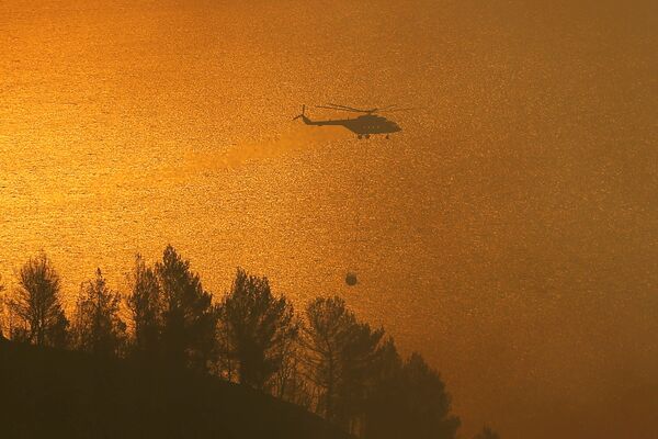 Пожарный вертолет транспортирует емкость с водой во время тушения пожара возле деревни Зирия, недалеко от Патр, Греция, 1 августа 2021 года. - Sputnik Молдова