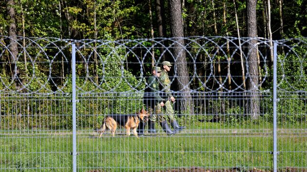 Белорусские пограничники патрулируют за забором границы во время акции протеста организации Репортеры без границ - Sputnik Moldova