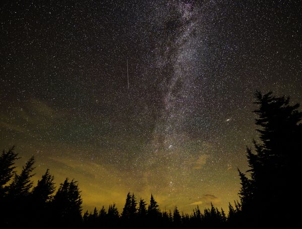 În fotografia NASA se vede cum dungile de meteori străbat cerul în timpul curentului anual de meteori Perseide, pe 11 august 2021, în Spruce Knob, Virginia de Vest. - Sputnik Moldova