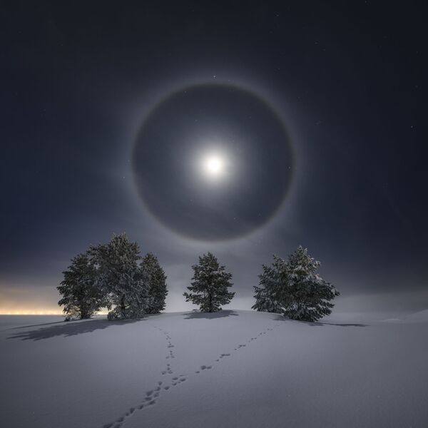 Этот яркий ореол Луны 22 градусов. Когда фотограф сделал этот снимок, температура была -16 градусов, а воздух был наполнен маленькими кристаллами льда, которые сделали возможным такой кадр. Такой ореол чаще встречается вокруг Солнца. Чтобы его увидеть при лунном свете, он должен быть достаточно ярким, что больше вероятно в дни полнолуния. Эстерсунд, Лен Ямтланд, Швеция, 25 января 2021 г. - Sputnik Молдова