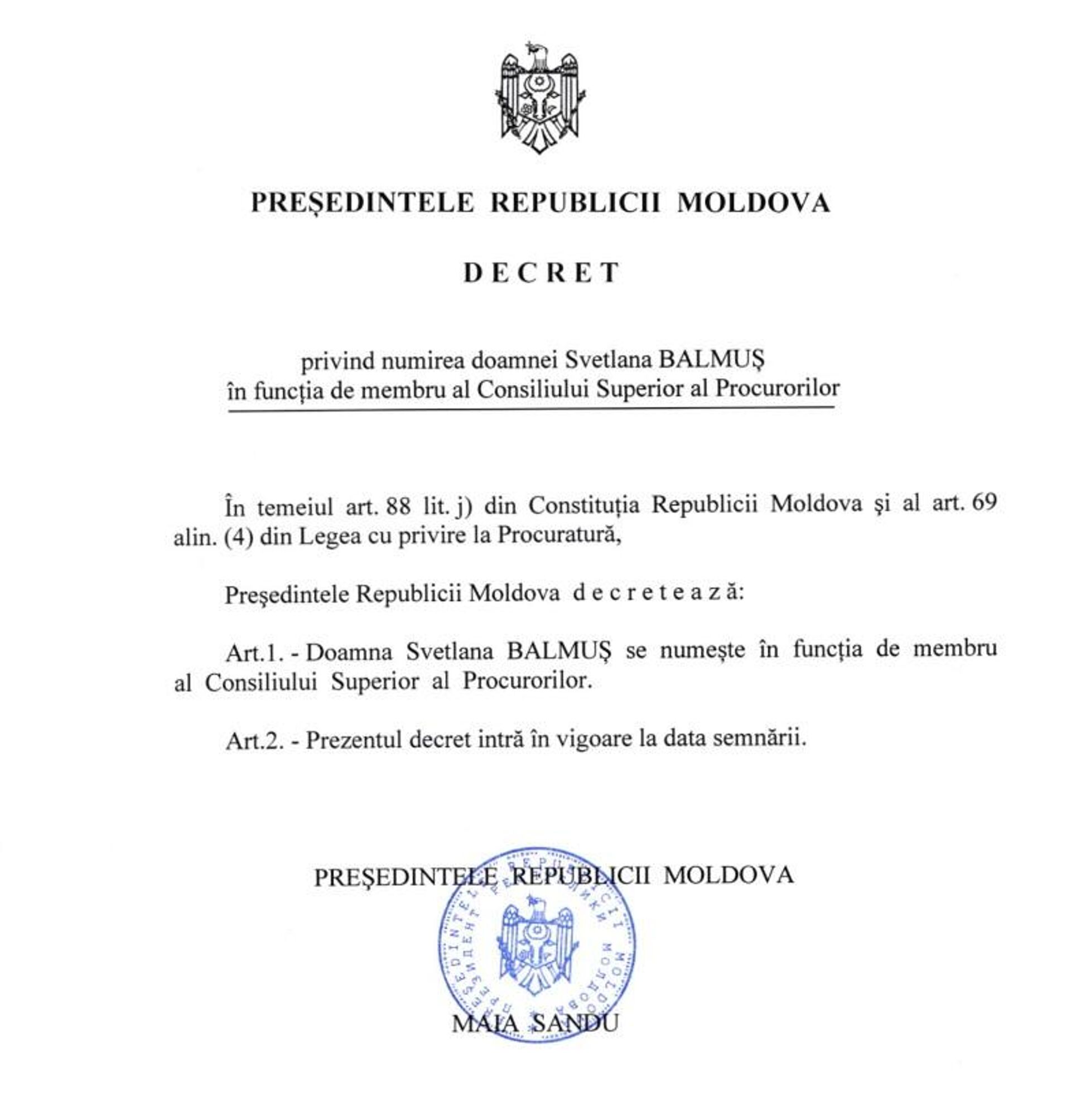 Maia Sandu a semnat decretul privind numirea Svetlanei Balmuș în funcția de membru al Consiliului Superior al Procurorilor din rândul societății civile - Sputnik Moldova, 1920, 01.10.2021