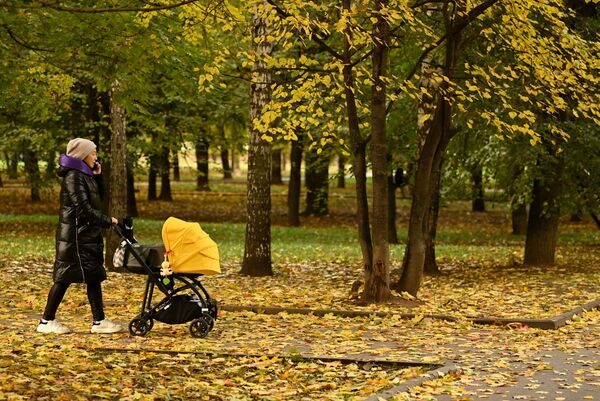 O femeie cu cărucior se plimbă în parcul Krasnaia Presnea din Moscova. - Sputnik Moldova