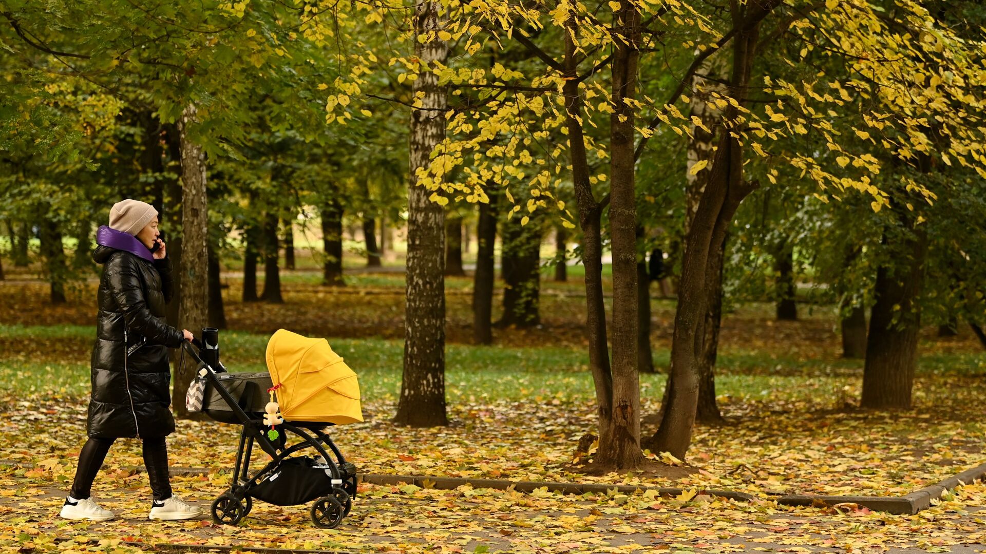 Женщина с коляской во время прогулки в парке Красная Пресня в Москве - Sputnik Молдова, 1920, 08.10.2021