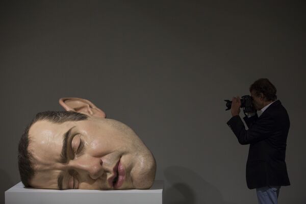 Un bărbat fotografiază o sculptură intitulată „Masca II” a artistului australian Ron Mueck la ceremonia de deschidere a expoziției de la Muzeul de Artă Modernă din Rio de Janeiro, Brazilia, 19 martie 2014.  - Sputnik Moldova