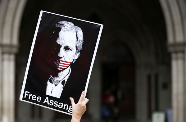 Un susținător al fondatorului Wikileaks, Julian Assange, protestează în fața Curților Regale de Justiție din Londra, Marea Britanie, 27 octombrie 2021. - Sputnik Moldova-România