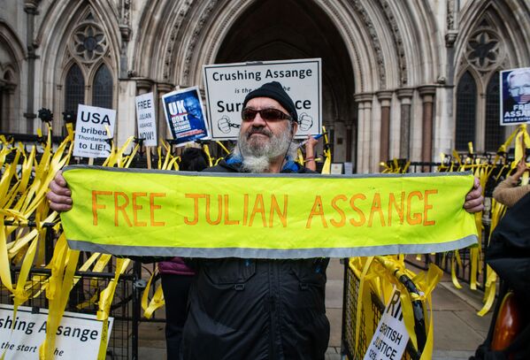 Un participant la un miting în sprijinul fondatorului WikiLeaks, Julian Assange, în fața unui tribunal din Londra. - Sputnik Moldova-România
