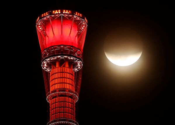 O umbră care se așterne asupra astrului ceresc văzută de lângă cel mai înalt turn de emisie din lume,Tokyo Skytree, în timpul unei eclipse parțiale de Lună din orașul Tokyo, 19 noiembrie 2021, Japonia. - Sputnik Moldova-România