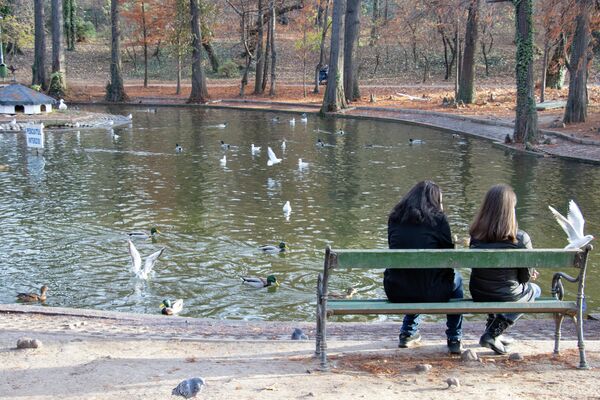 Două prietene deapănă amintiri pe o bancă din Parcul Carol, acompaniate de sunetul păsărilor și al apei. - Sputnik Moldova-România