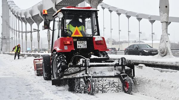Сотрудники ГБУ Гормост очищают от снега и наледи Крымский мост во время снегопада в Москве. - Sputnik Молдова