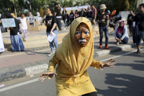 Мусульманский активист принимает участие в митинге против торговли суматранскими тиграми в Джакарте, Индонезия. - Sputnik Молдова