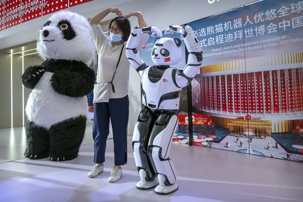 Посетительница фотографируется с роботом-пандой на стенде китайского производителя UBTech на Всемирной конференции по робототехнике в Пекине. - Sputnik Молдова