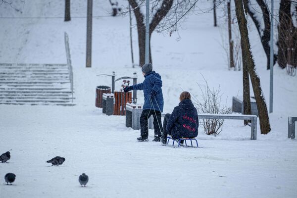 Copiii se bucură din plin de zăpadă și au ieșit în parc la săniuș - Sputnik Moldova