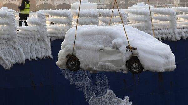 Разгрузка легковых автомобилей, покрытых толстым слоем льда, с сухогруза Sun Rio в порту Владивостока - Sputnik Молдова