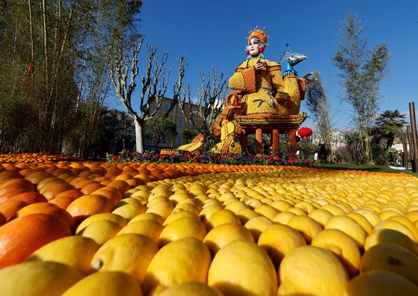 &quot;Пекинская опера&quot; из цитрусовых – одна из самых масштабных скульптур 88-го фестиваля лимонов оперы и танца в Ментоне, Франция. - Sputnik Молдова