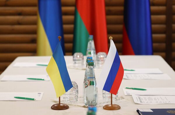 Drapelele țărilor participante la negocieri pe masa unde au loc discuțiile ruso-ucrainene.  - Sputnik Moldova-România