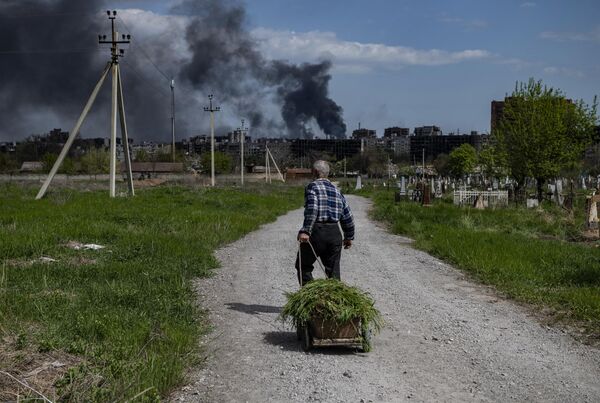 Un localnic târâie un cărucior plin cu iarbă în apropiere de uzina metalurgică “Azovstal” din Mariupol. - Sputnik Moldova