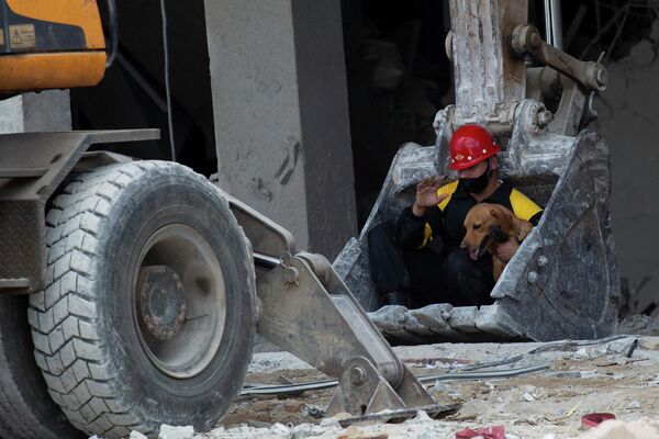 Спасатель с поисковой собакой на месте взрыва в гостинице Saratoga в Гаване. - Sputnik Молдова