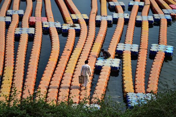 Мужчина идет по пристани из пластиковых кубиков на реке Ямуна в Аллахабаде. - Sputnik Молдова